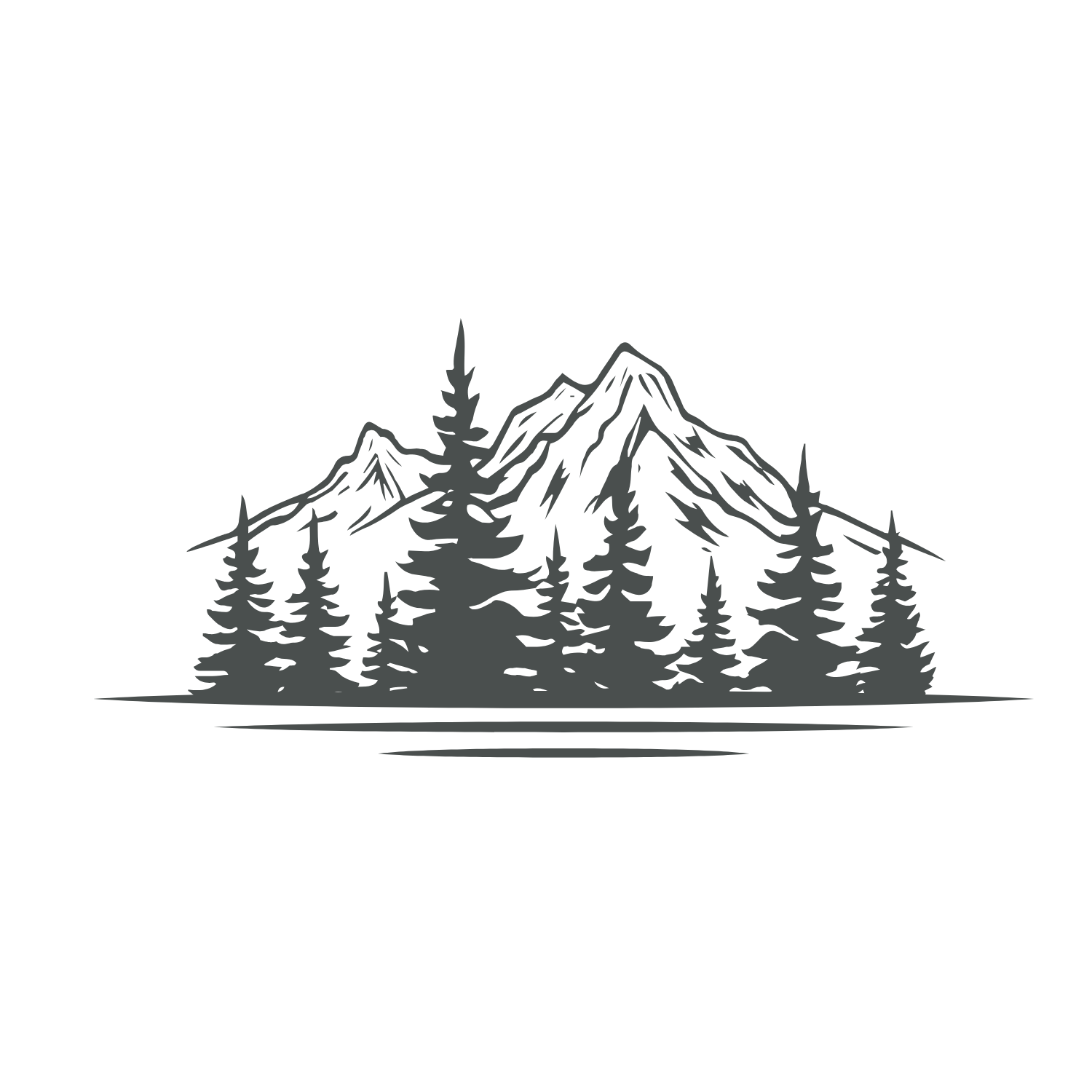 Black and white illustration of Pacifc Northwest mountains and trees on a white background