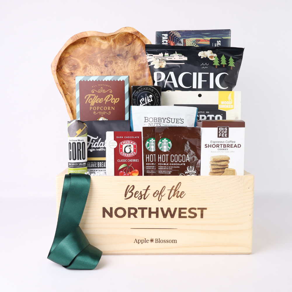 best of the pacific northwest gift basket with oberto, pacific popcorn, chukar cherres, smoked salmon and mark ryan wine
