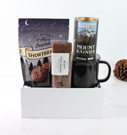 Mount Rainier inspired Pacific Northwest gift box with cocoa, biscotti, cookies, and camp mug