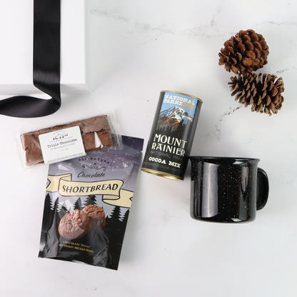 Pacific Northwest hiking themed gift with artisan coffee, chocolate, and enamel mug