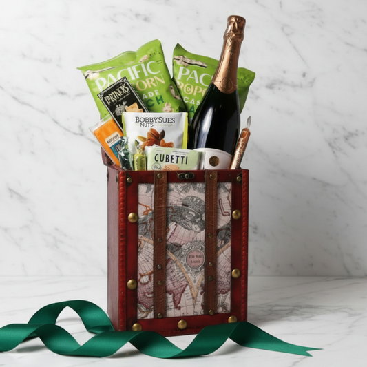 A travel-themed retirement gift for women, featuring popcorn, wafers, nuts, and sparkling spritz in a vintage-style chest. A perfect retirement gift for men or women who love gourmet snacks.