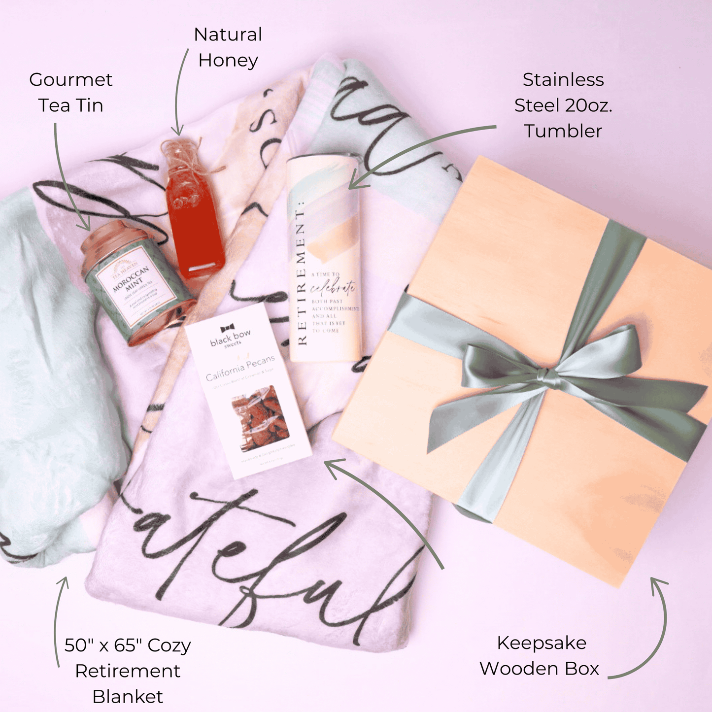 Flat Lay with Labeled Items
Retirement care package flat lay showing cozy grateful blanket, Moroccan mint tea, natural honey, California pecans, tumbler, and keepsake box.