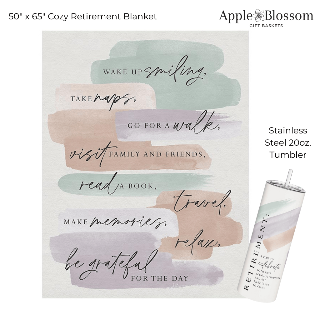Blanket and Tumbler Close-Up
Soft grateful throw blanket paired with a stainless steel retirement tumbler—comfort and celebration in one cozy gift.