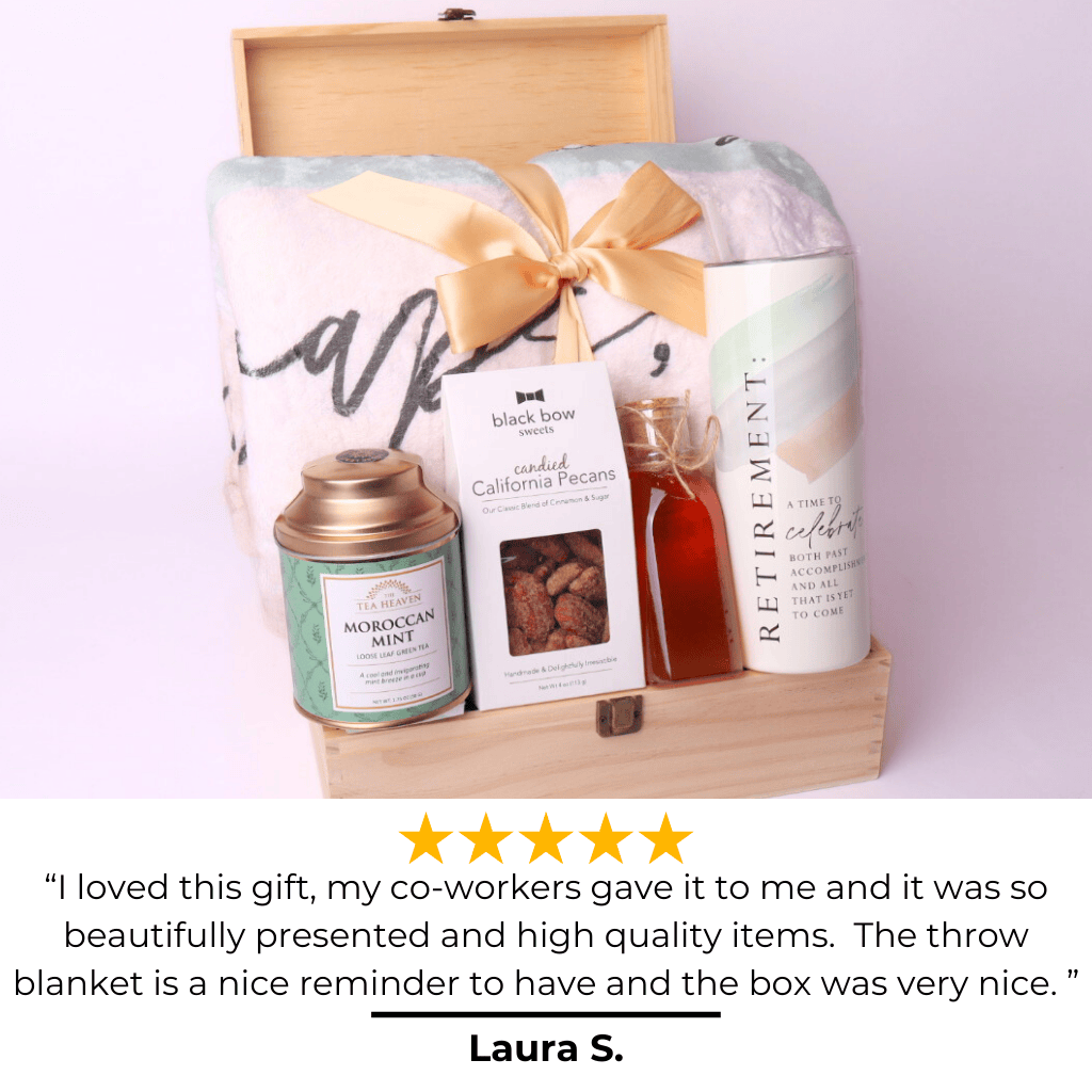 Unique Gift Box with 5 star review (Apple Blossom Gift Baskets)
Beautifully curated retirement gift basket for her featuring soft blanket, stainless tumbler, tea, honey, and pecans, perfect for her special send-off.