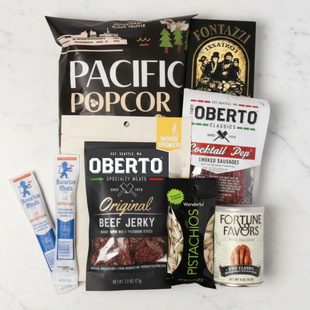 Washington-made Oberto savory gift box with premium jerky, smoked beef sticks, pretzels, nuts, and popcorn—perfect holiday or corporate gift for him.