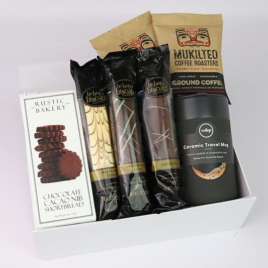 seattle Coffee lover gift box with Seattle coffee, biscotti, and chocolate cookies.