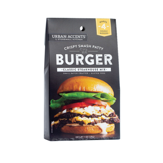 Urban Accents Crispy Smash Patty Burger Seasoning Mix, 1 oz packet. Classic steakhouse blend crafted in small batches, gluten free, makes four double burgers. Perfect for PNW grilling gift baskets.