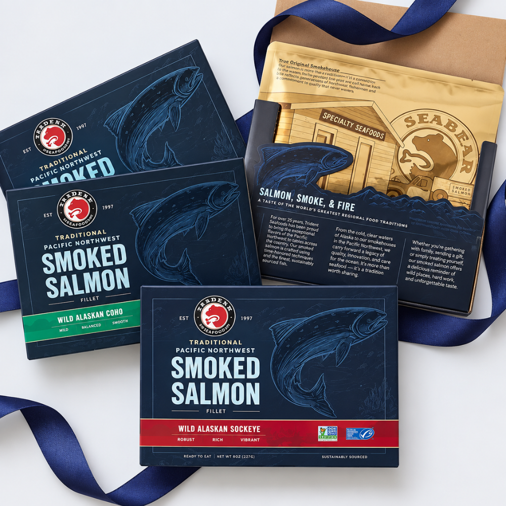 3 boxes of 8oz coho pink and sockeye smoked salmon gift