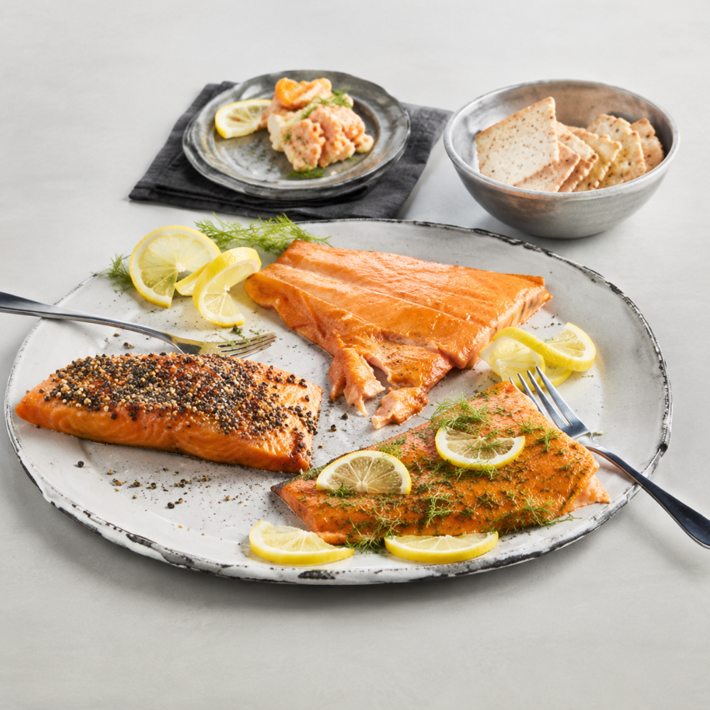 Ready-to-serve smoked salmon fillets plated with artisan accompaniments