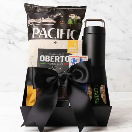 Snack and Hydrate Gift Box featuring Fellow 20oz water bottle, gourmet beef jerky, Bavarian smoked sticks, pistachios, and truffle popcorn – perfect for him.