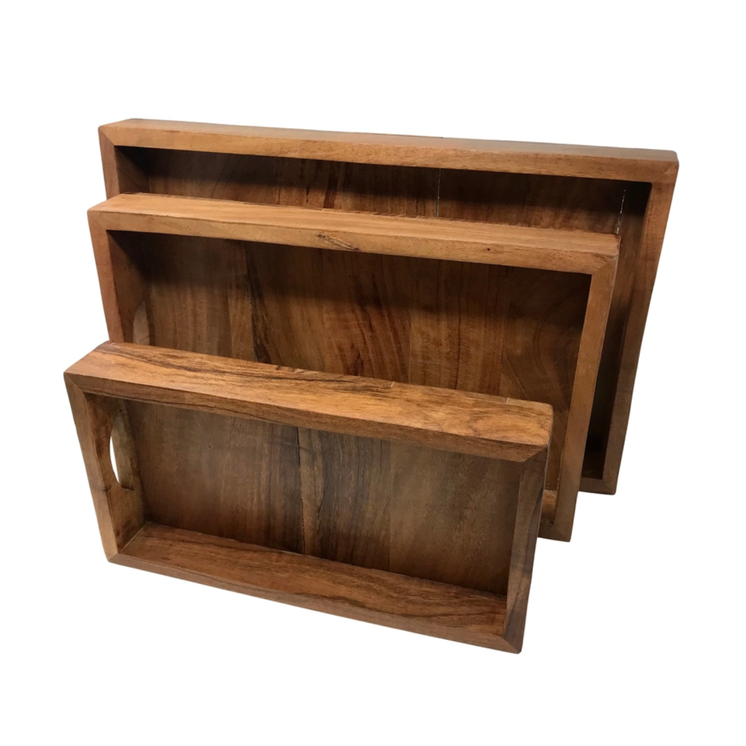 Three wooden gift basket trays of different sizes on a white background