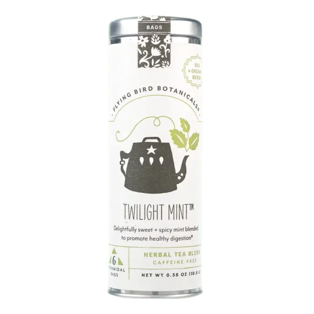 Flying Bird Botanicals Twilight Mint organic herbal tea in a decorative tin featuring a black teapot illustration, made in Washington State.