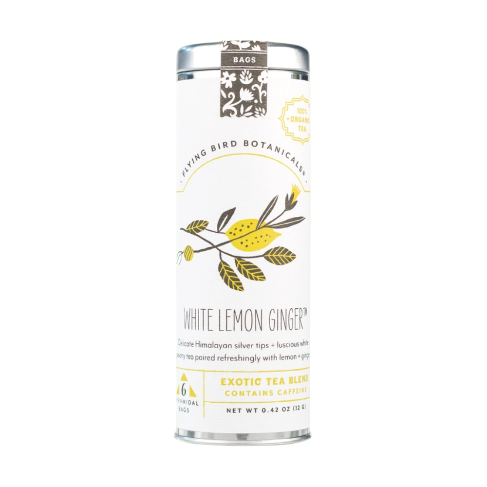Flying Bird Botanicals White Lemon Ginger organic white tea in a decorative tin with lemon botanical artwork, made in Bellingham, Washington.