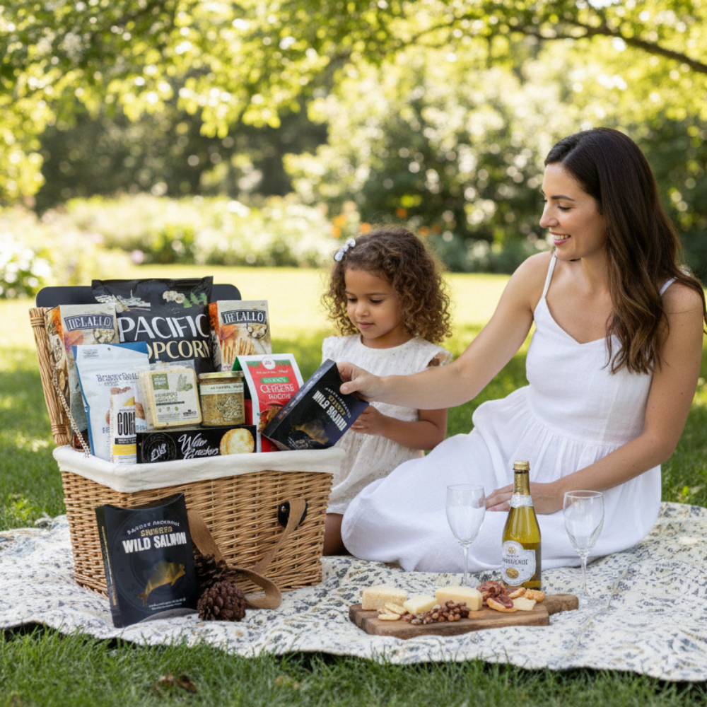 Gourmet Washington picnic basket styled for outdoor entertaining with curated snacks and artisan foods in a wicker picnic basket