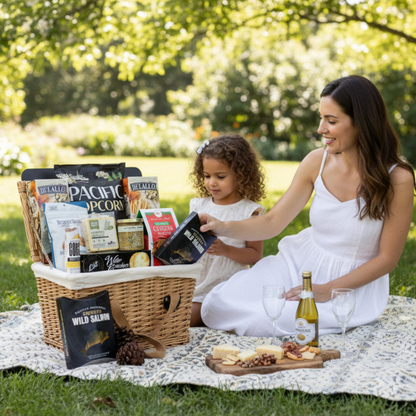 Gourmet Washington picnic basket styled for outdoor entertaining with curated snacks and artisan foods in a wicker picnic basket