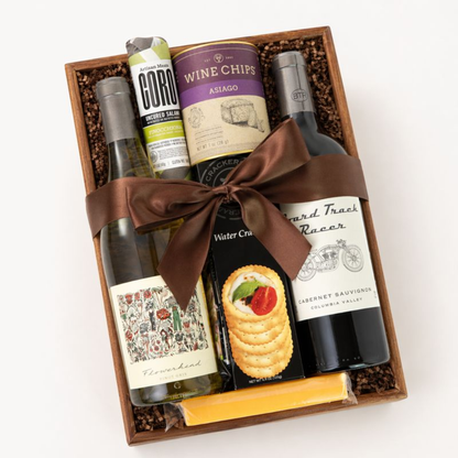 Washington Wine and Snack Tray featuring mark ryan cabernet sauvignon, pinot gris, blue cheese crackers, wine chips and more.  Wrapped in a wooden crate with a satin bow. 