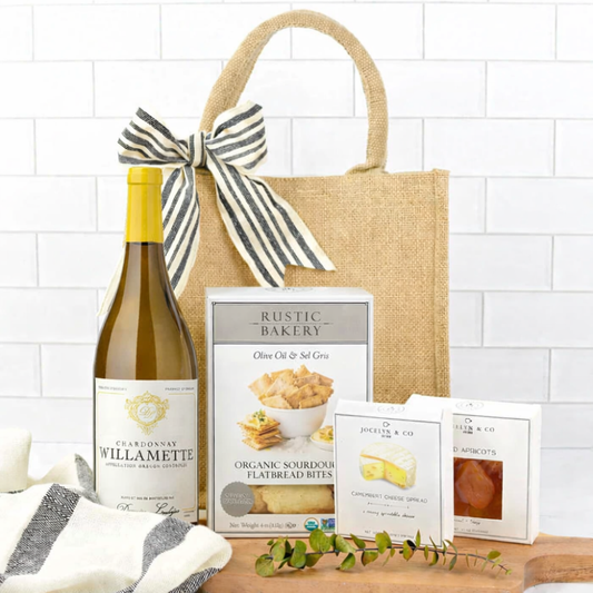 White Wine Happy Hour gift basket with Willamette Valley Chardonnay, artisan crackers, cheese spread, dried fruit and jute tote bag
