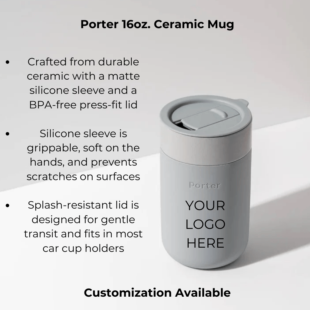 porter silicone ceramic travel mug is a high quality coffee mug designed to last with a silicone sleeve, durable ceramic and splash resistant lid.