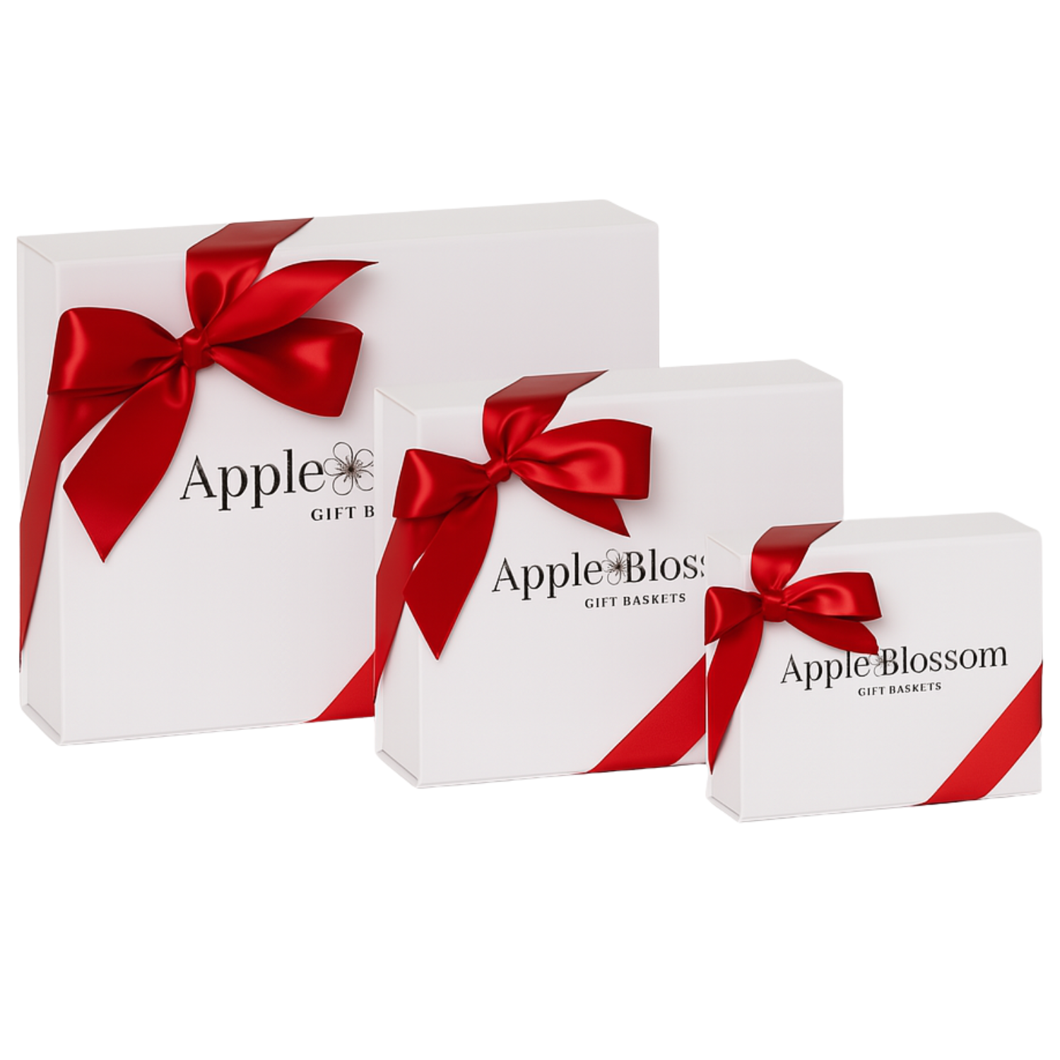 white apple blossom gift baskets signature luxe gift box with a satin red bow.