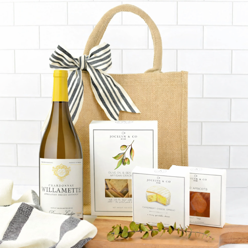 White Wine Happy Hour gift basket with Willamette Valley Chardonnay, artisan crackers, cheese spread, dried fruit and jute tote bag