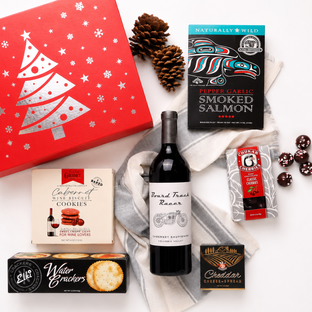 corporate Christmas holiday wine and snack gift box including mark ryan red wine, wine biscuts, smoked cheese, crackers, smoked salmon and chocolate caramels