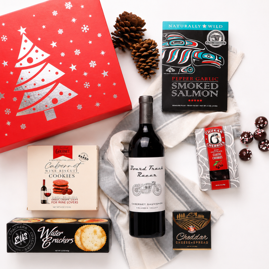 corporate Christmas holiday wine and snack gift box including mark ryan red wine, wine biscuts, smoked cheese, crackers, smoked salmon and chocolate caramels