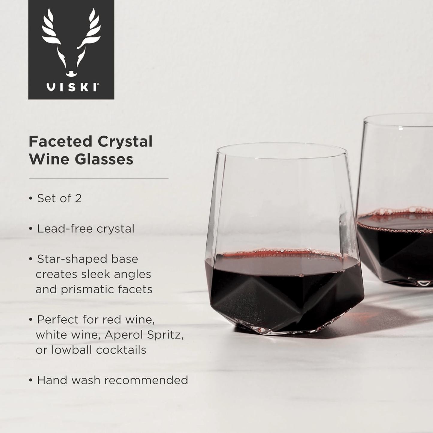 Crystal Wine Glasses by viski set of two stemless geometric shape.  Trendy style perfect for a wine gift set.