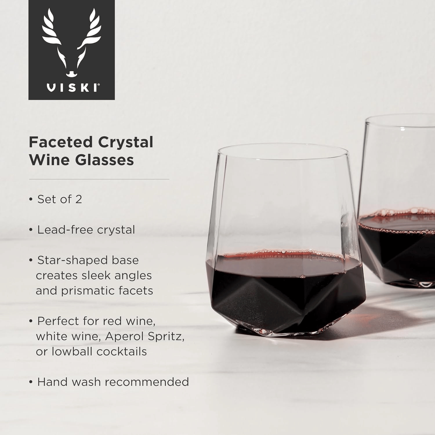 Crystal Wine Glasses by viski set of two stemless geometric shape.  Trendy style perfect for a wine gift set.