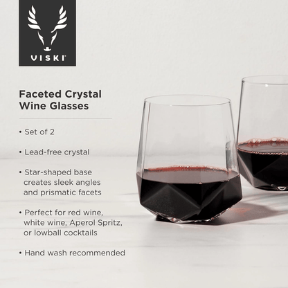 Crystal Wine Glasses by viski set of two stemless geometric shape.  Trendy style perfect for a wine gift set.