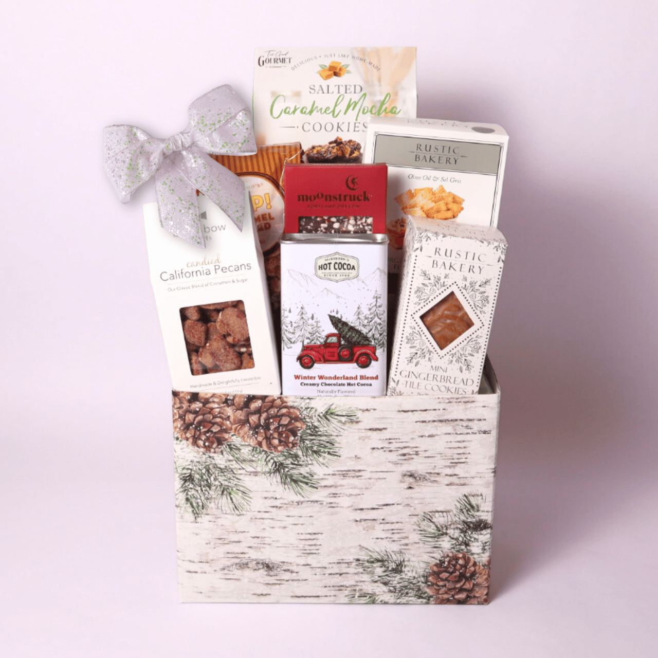 winter wonderland corporate gift basket filled with popcorn, crackers, chocolate, nuts and gourmet snacks made in Washington