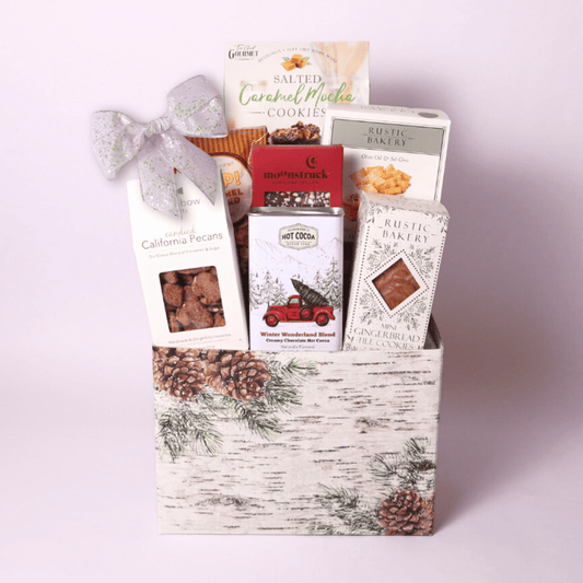 winter wonderland corporate gift basket filled with popcorn, crackers, chocolate, nuts and gourmet snacks made in Washington
