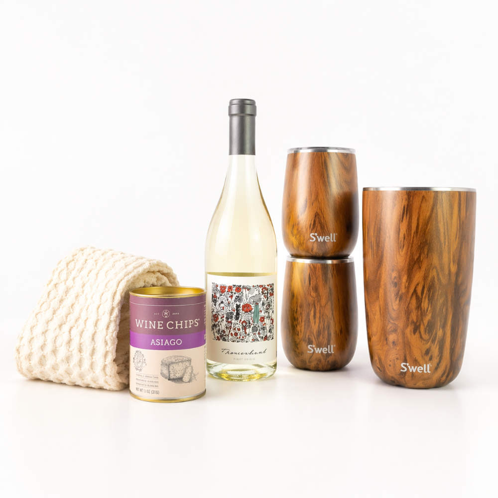 Seattle wine gift box with premium wine accessories, artisan snack pairing, and waffle weave towel for holiday or corporate gifting