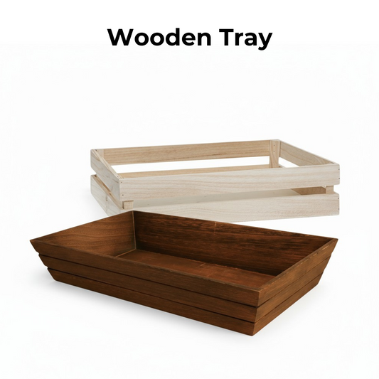 Wooden tray with a plain white background to build a personalized gift basket